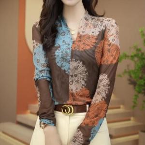 Autumn Womens Loose Large Size Luxury Silk Long Sleeve Versatile Mom Top Small Audience T-Shirt Korean Style Printed Casual