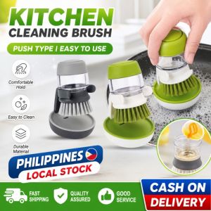 【Local Stock】Nylon Dish Brush with Soap Dispenser - Ergonomic Palm Scrubber for Kitchen Sink Pots Pans & Plates. Replacable Brush Head & Drip Stand Included