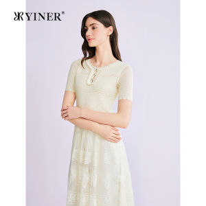 Elegant Hollow Lace Mesh Spliced Waist-Cinching Round-Neck Dress