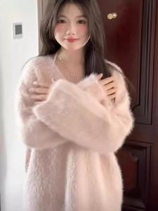 Oversize Soft Pink Mink Velvet V-neck Sweater Women Winter New Style Korean Loose Knitted Shirt Comfortable Warm Thickened