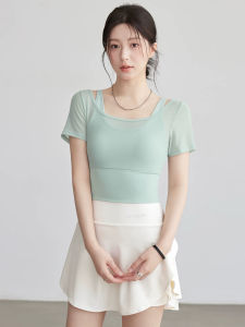 SKINOFSKIN | Fake Two-Piece Round Neck Short Sleeve Yoga Outfit with Built-in Bra for Summer