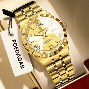 POEDAGAR Trendy Luxury Man Watch Week Date Luminous Waterproof Mens Wristwatch Stainless Steel Quartz Exquisite Watches For Men