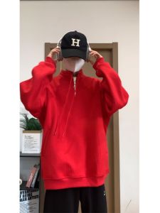 Red Embroidered Sweatshirt Mens Spring Autumn Trendy Half Zip Base Shirt Loose Handsome High-End Feel Outerwear