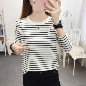 2024 Spring and Autumn Clothing New Arrival Black and White Stripes Bottoming Shirt Womens Long Sleeve K-style Loose Easiest for Match Pure Cotton T-Shirt Womens Top