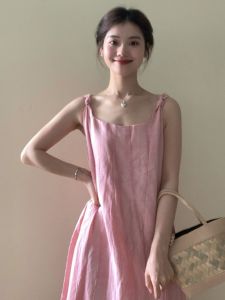 Summer New Style French Holiday Soft Series Womens Dress Waist Cinching Hip Concealing Beautiful Pink Beach Dress A-Line Skirt Ins Style