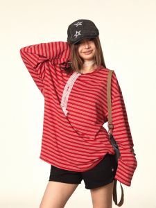 Ultra Soft Feel Sleepwear Style round Neck Long Sleeve American Retro Loose T-Shirt Base Shirt Spring Summer Blackbb