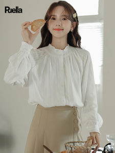 puella | French Collared Ruffled White Long Sleeve Shirt