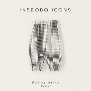 INSbobo Girls Casual Striped Sweatpants Spring Autumn Childrens Loose Fit Elastic Waist Long Knitted Trousers for Kids