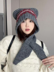 Fall and Winter Wool Blended Textile Scarf One-Piece Hat Cute Bear Ears Protection Knitted Yarn Hat Fair Shimakaze Sleeve Cap