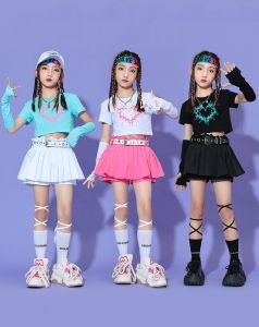 LOlanta Girls Hip-hop Dance Outfit Heart Printed Pattern Top Arm Sleeves Design Mini Pleated Skirt Street Dance Performance Costume