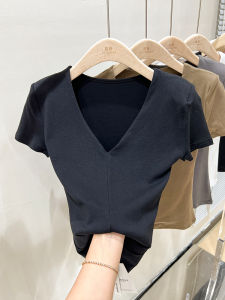 European Goods Shoulder Womens T-shirt Short Sleeve Summer New Padded Shoulder Beautiful Elegant Collarbone V-neck Black Slim Top for Women