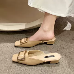 French Gentle Semi-Slipper Womens Shoes 2025 Spring Summer Thick Heel Square Head Metal Buckle Head Small Sandals