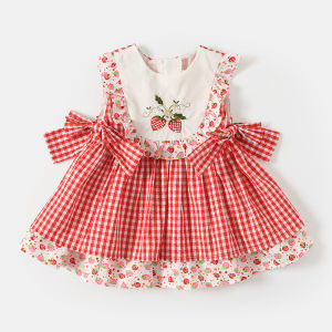 Summer New Plaid Strawberry Princess Dress Thin Style Little Girls Skirt Cotton A-Line Midi Dress round Neck No Sleeve