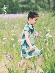 Linen Childrens Cheongsam Dress National Style Short Sleeve Summer Clothing for Girls Kids Traditional Chinese Costume Dress