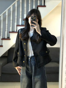 เสื้อแจ็คเก็ตสั้นสีดำ ทรงเข้ารูป สำหรับผู้หญิง ฤดูใบไม้ผลิ 2023 เสื้อคาร์ดิแกนเปิดคอวี แขนยาว ทรงหลวม ปกติ