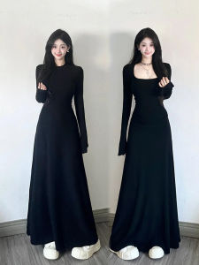 Long Knitted Dress Womens Slim Fit Cotton Flocking Waist Cinching Square Collar Autumn Fashion Elegant A-Line Dress