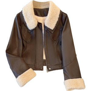 LANQIONG | Warm Wool Lined Brown Leather Jacket with Sheepskin Collar