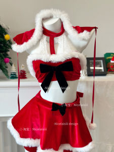 Nicelaisiii Christmas Sweetheart Spicy Girl Style Lace Halterneck Set Strapless Butterfly Knot New Year Date Nightgown