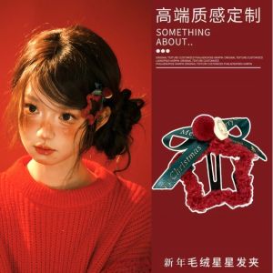 Red Plush Star Hair Accessories Christmas New Year Side Butterfly Knot Hair Clips Fashionable Hair Decorations Star Pattern
