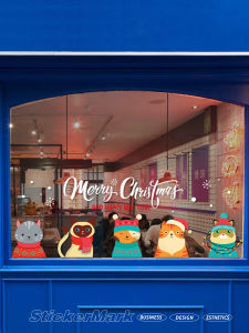 Adorable Cat Christmas Glass Stickers Decorative Festive Pet Store Pet Hospital Window Door Decorations PVC Cartoon Wall Stickers