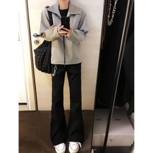 กางเกงขายาวทรงตรงสีดำ ทรงหลวม ทรงยาว สำหรับผู้ชาย กางเกงขายาวทรงตรงเอวกลาง กางเกงขายาวทรงตรงทรงยาวสำหรับผู้ชาย ฤดูใบไม้ร่วง