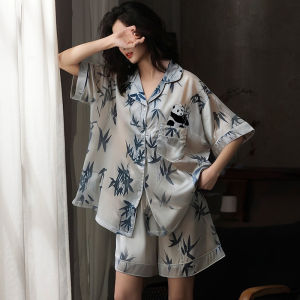 miiow | Womens Summer Ice Silk Thin Short Sleeve Short Pants Sleepwear Set Breathable Cool Feeling Home Clothes MiiOW 2025 New Arrival