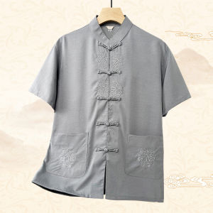 Loose Short Sleeve Shirt Dad Style Middle-Aged Mens Fashion Grandpa Loose Shirt Summer Tang Costume Top Polyester Fiber