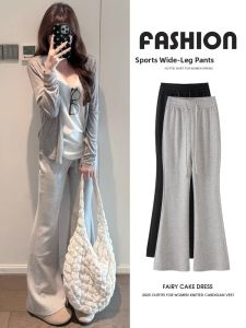 Grey High Waist Bell Bottom Sports Pants Womens Spring Autumn Casual Loose Fit Comfortable Fashion Korean Style Trousers