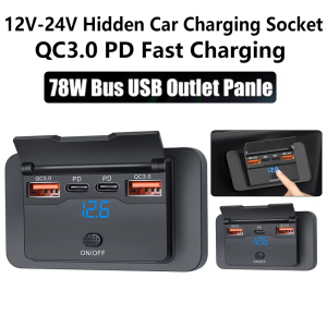 Hide Car Fast Charger Qc 3.0 18W and Dual Usb 30W Pd Socket 4-Port Car Charger Socket with Push-Switch Voltage Display