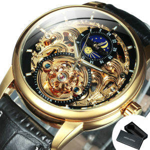 T-WINNER | WINNER Retro Moon Phase Watch for Men Luxury Tourbillon Skeleton Automatic Mechanical Watches Casual Genuine Leather Strap Clock