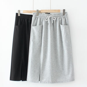 Summer 2023 Korean Style plus Size Womens Half Skirt with Belt Double Pocket Slit A-Line Cotton Polyester Blend Skirt