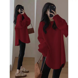 Thickened Mid-Length Long Sleeve Red Velvet Inner Wear Base Shirt Shark Pants Top Womens Fashionable Autumn Winter Matching Cotton Polyester Blend Sweatshirt