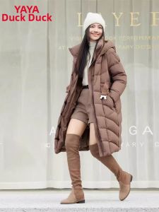 YAYA | Elegant Long Womens Waist Belted Fitted Down Jacket Thermal