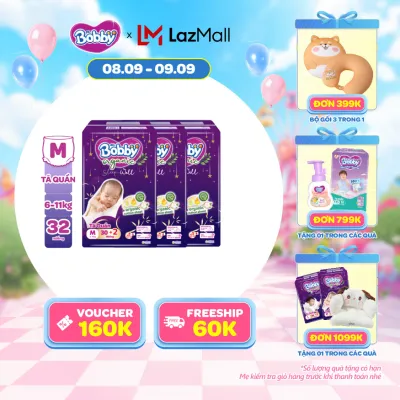 [20h 8-11.9 QUÀ TO][Combo 3] [MỚI RA MẮT] [Tặng kèm 2 miếng] Tã Quần Cao Cấp Ban Đêm Bobby Organic Sleep Well - Size M30+2