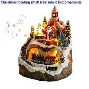 [pantorastar] Christmas Rotating Resin Luminous Music Box Ornaments Christmas Village House Rotating Small Train Decorations Rotating With Music Christmas Resin House Decorations