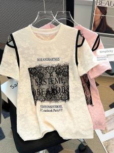 Guangzhou Thirteen Rows High Quality Womens T-shirt Spring and Summer Cut Out Letters Lace Stitching round Neck Short-Sleeved Silm Tops