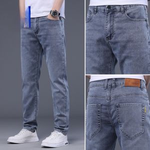 ROMON | Lormen Mens Summer Thin Denim Jeans Casual Ice Silk Elastic Slim Fit Long Pants Youth Fashionable Mid Waist Zipper Closure