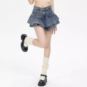กระโปรงสั้นทรงเค้กเอวสูง กระโปรงยีนส์ กระโปรงสั้นผู้หญิง ฤดูร้อน 2024 ดีไซน์ใหม่ ดีไซน์เก๋ไก๋ กระโปรงสั้นทรงเค้ก