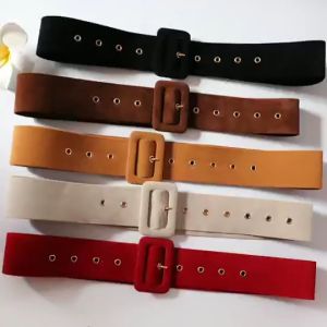Womens fashion slim-fit wide belt Soft deerskin velvet square buckle fashion decoration air eye wide belt