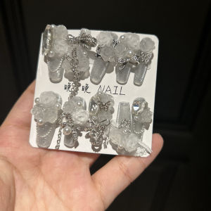 White Painting Diamond Bead Nail Art Temporary Handwear Princess Series Detachable Wearable Nail Tips Temperature Changing Flowers