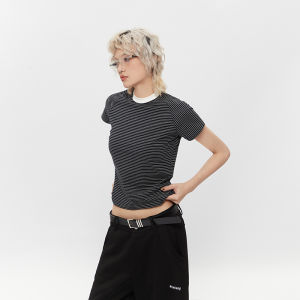 Airhood 2025 Womens Short Sleeve T-Shirt Slim Fit Classic Stripes Summer Fashion Casual round Neck Top for Young Ladies