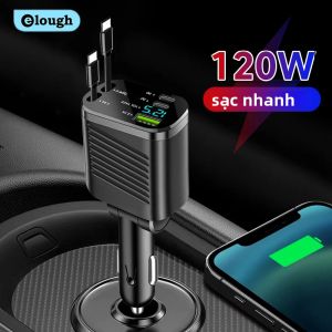 Bộ Sạc Xe Hơi Màn Hình Kỹ Thuật Số Elough Với Cáp Có Thể Thu Vào Loại C Sang Loại C Siêu Nhanh USB QC3.0 Cho Điện Thoại iOS - Bộ Chuyển Đổi 5 Trong 1 120W