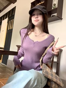เสื้อชั้นในถักแขนยาวผู้หญิงสีม่วง ทรงสลิมฟิต เสื้อชั้นในบาง สไตล์ฤดูใบไม้ผลิและฤดูใบไม้ร่วง เสื้อชั้นในผู้หญิง