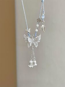 New Chinese Style Butterfly Blue Weaving Bell Flower Lockbone Chain Necklace for Women S999 Pure Silver Fresh out Icec Brand