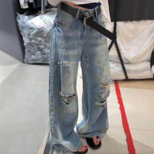 Fashionable High Waist Wide Leg Jeans Womens Trendy Ripped Straight Cut Summer Thin Denim Pants Loose Fit Casual Trousers