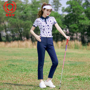 ชุดกอล์ฟฤดูร้อนสำหรับผู้หญิง ชุดกีฬาแขนสั้นพิมพ์ลายดูดซับเหงื่อ กระโปรงทรงเอ 9 นิ้ว เสื้อผ้ากีฬาสำหรับผู้หญิง