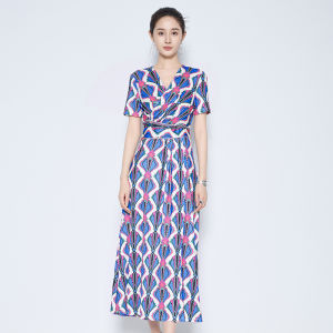 MY TENO | ชุดเดรสพิมพ์ลายดอกไม้สีน้ำเงินหรูหรา ทรงเอเข้ารูป ดีไซน์สไตล์ฝรั่งเศส แขนสั้น คอวี กระโปรงทรงเอ ชุดทำงาน