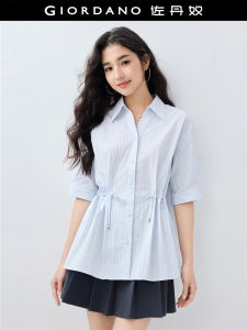Giordano Designer Striped Shirt Womens Short Sleeve V-Neck Waist-Cinched Summer New Arrival Cotton Blend Loose Fit Shirt