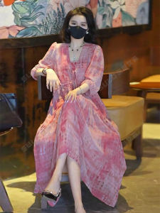 Elegant French Style Silk Dress Womens Loose Slimming Fashion Print Anti-aging Summer Long Skirt A-line Silhouette V-neck