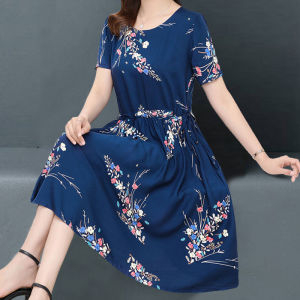 Women Bohemian Dresses Fashion Short Sleeve Long Skirt for Women Plus Size Blue Flower Dress